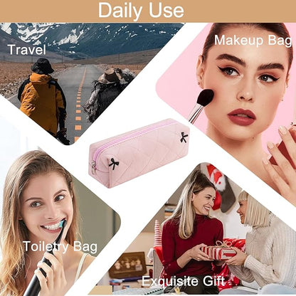 Cute Floral Cotton Makeup Brush Cosmetic Bag for Women, Travel Quilted Zipper Make Up Bag, Flowers Toiletry Organizer Case Kawaii Makeup Cosmetic Travel Cloth Pouch (Pink)