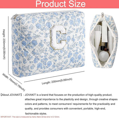 JOVAKIT Alphabet Makeup Bag Cosmetic Bag for Women, Christmas Gifts for Girls Age 6-18, Floral Flowers Coquette Travel Toiletry Zipper Make Up Pouch Organizer Trendy Stuff (2Pcs Blue Floral C)