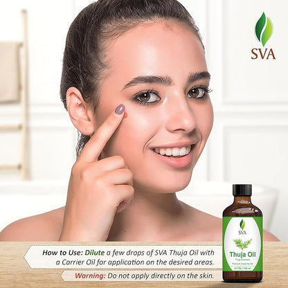 SVA Thuja Essential Oil – 4 Fl Oz – 100% Natural Thuja Oil - for Diffuser, Hair Care, Face, Skin Care, Aromatherapy, Scalp and Body Massage, Soap and Candle Making – with Dropper