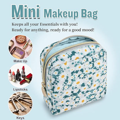 Nylon Mini Floral Makeup Bag for Purse, Small Cute Travel Makeup Bag Preppy Flower Cosmetic Zipper Pouch, Waterproof Coin Pouch Sanitary Napkin Storage Bag Make Up Organizer Set for Women(Green-Daisy)