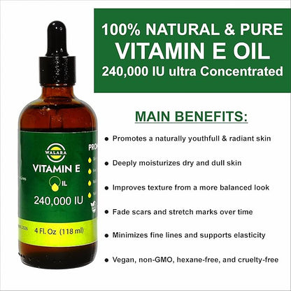 Vitamin E Oil 100% Pure 240,000 IU (4oz) | Natural, Non-GMO, for Skin, Hair, Premium Vitamin E Oil is 100% Pure & Natural