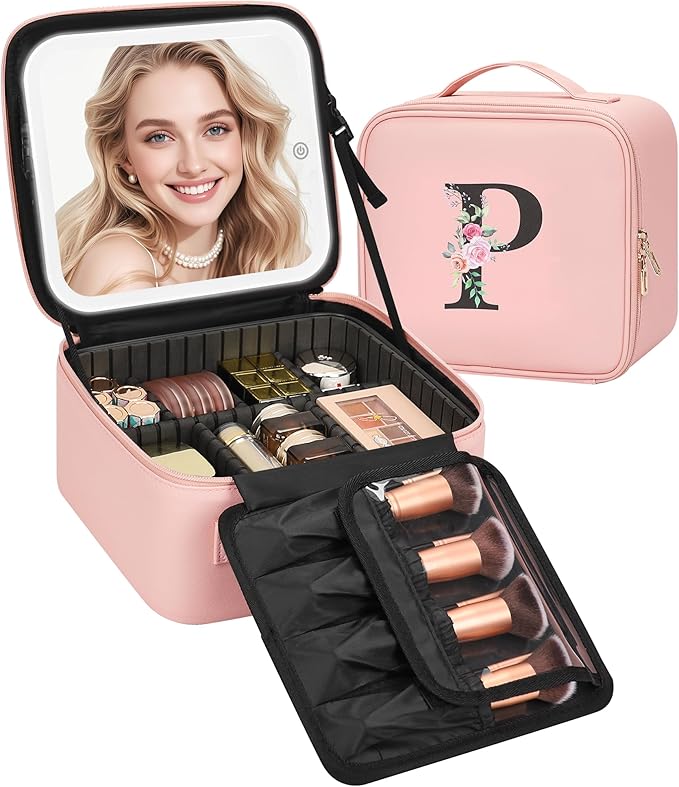Relavel Initial Makeup Bag with LED Mirror for Women Girls, Personalized Travel Cosmetic Organizer Train Case, Birthday Gifts for Grandkids Bridesmaid Graduation Teacher Friends, Trendy Stuff, Pink P