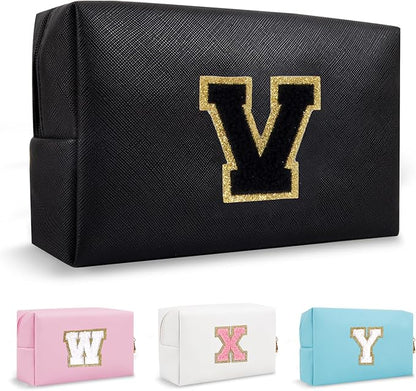 Personalized Initial Preppy Patch Makeup Bag, Travel Toiletry Zipper Pouch Cute Black Cosmetic Organizer Small Makeup Bag for Purse, PU Chenille Letter Make Up Bags Storage Gifts for Women(Letter V)