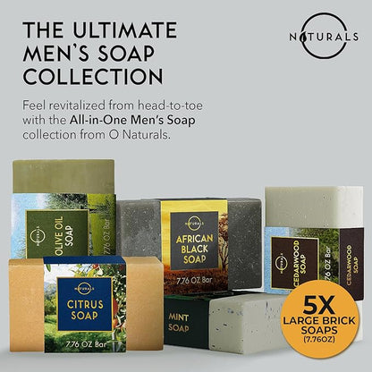 O Naturals 5PC Mens Soap Gift Sets, Gifts for Men, Organic Bar Soap for Men, Mens Gift Set Exfoliating Soap Cedarwood & Mint, Mens Bar Soap in Citrus, Olive Oil, African Black Soap, Soap Gifts For Men