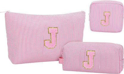 MONSTINA Personalized Initial Makeup Bag for Women,Monogram Make Up Case for Girlfriend Bridesmaid Wife,Birthday Gift for Her Cute Toiletry Bag,3PCS,Pink J