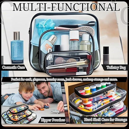 3 Pcs Clear Hard Zipper Case, Hard Shell Plastic Clear Organizer Bag, Transparent Makeup Pouches, Portable Box for Travel Toiletries, Toy Storage Bins (Black, Multi)