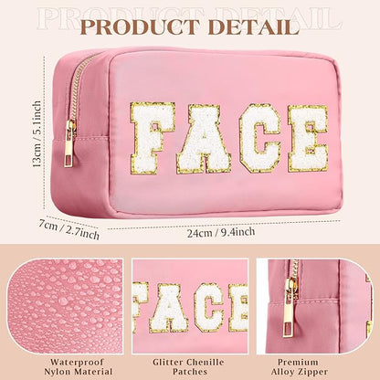 Cunno 4 Pcs Preppy Makeup Bags Chenille Letter Stuff Bag Nylon Cosmetic Pouch Cases with Zipper for Women Travel Toiletry