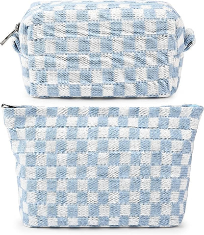 SOIDRAM 2 Pieces Makeup Bag Large Checkered Cosmetic Bag Capacity Canvas Mix Travel Toiletry Bag Organizer Cute Makeup Brushes Aesthetic Accessories Storage Bag for Women, Checkered Mix Blue