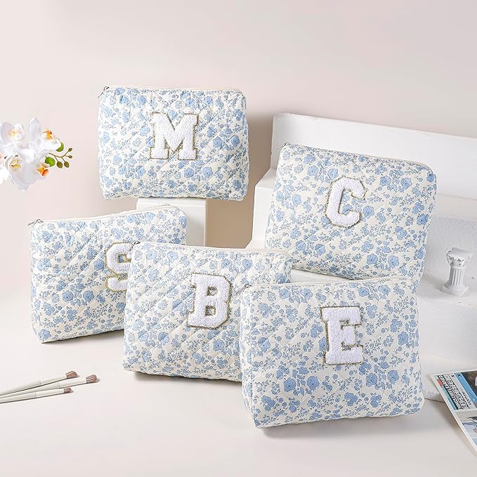Alphabet Makeup Bag Cosmetic Bag for Women, Christmas Gifts for Age 11-18, Personalized Floral Coquette Travel Bag, Trendy Stuff Zipper Make Up Pouch Organizer Bag (Blue Floral S)