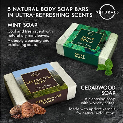 O Naturals 5PC Mens Soap Gift Sets, Gifts for Men, Organic Bar Soap for Men, Mens Gift Set Exfoliating Soap Cedarwood & Mint, Mens Bar Soap in Citrus, Olive Oil, African Black Soap, Soap Gifts For Men
