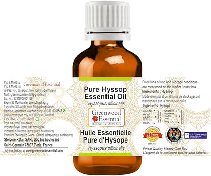 Greenwood Essential Pure Hyssop Essential Oil (Hyssopus officinalis) Steam Distilled 100ml (3.38 oz)