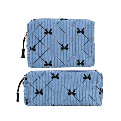 Small Cosmetic Bag set for Women Corduroy Makeup Bag with Interior Pocketes Cute Corduroy Makeup Pouches Women Small Toiletry Bag (Blue Bowknot)