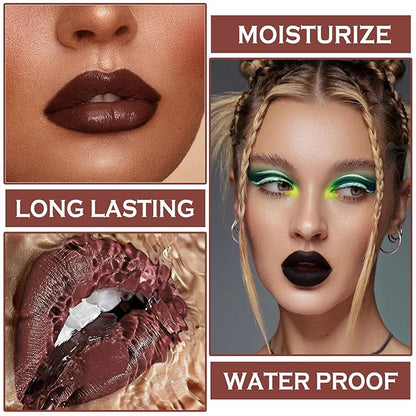 3 in 1 Black Lip Liner Pencil and Lipstick lipgloss Set Matte Black Lipstick Lip Gloss Kit Long-lasting Nonstick Cup Smudge Proof Lip Kits with Lip Liner,Velvet Goth Makeup (12#Black Magic)