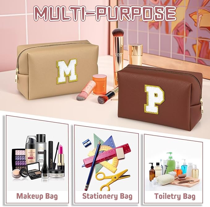 TOPEAST Monogrammed Gifts for Women, Preppy Makeup Bag Small Cosmetic Bag Travel Toiletry Bag, Personalized Birthday Gift for Girl, Wedding Bridal Shower Gifts for Bridesmaids (Brown M)