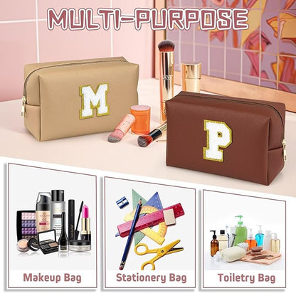 TOPEAST Initial Cosmetic Bag for Women, Preppy Small Makeup Bag, PU Leather Waterproof Toiletry Bag, Monogrammed Birthday Gifts for Women, Stuff for girls (Brown S)