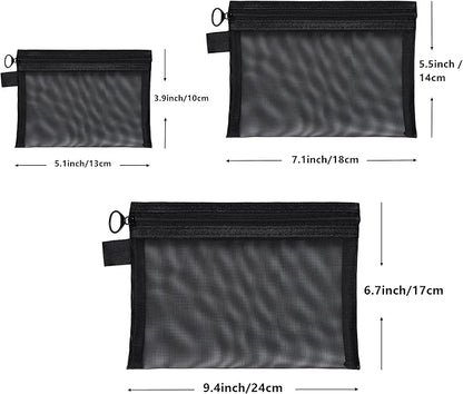 Quotidian Flat Clear Mesh Pencil Pouch Black Makeup Bag with Zipper Cosmetic Organizer 3-Size Pack of 9 - Travel Daily Use Home Storage Office