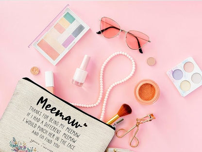 Funny Meemaw Gifts Makeup Cosmetic Bag - Memaw Mothers Day Gift, Memaw Grandma Gifts from Grandkids, Memaw Birthday Gifts, Best Grandma Gifts, Meemaw Floral Small Makeup Bag for Purse