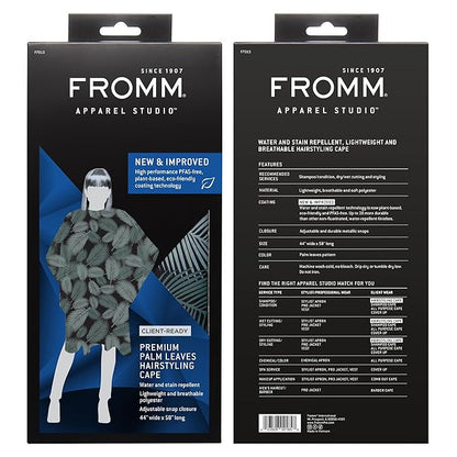 Fromm Professional Client Hair Styling and Hair Cutting Cape, Water and Stain Repellent Teflon Coating for Shampoo Bowl and Wet/Dry Cutting, 44" x 58", Palm Leaves