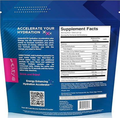 HydroMATE Electrolytes Powder Drink Mix Packets Hydration Accelerator Low Sugar Rapid Party Relief Recovery Vitamin C Plus Caffeine Strawberry 30 Count