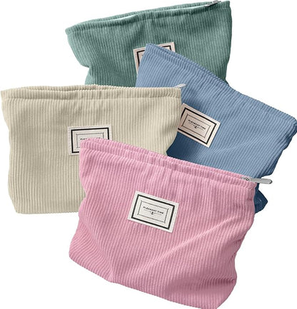 Sanwuta 4 Pack Velvet Makeup Bag Cosmetic Bag for Women Large Capacity Corduroy Pouch Zipper Canvas Travel Toiletry Purse Make up Organizer Case Accessories (Light Color,Plaid)