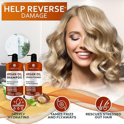 Moroccan Argan Oil Shampoo and Conditioner Set - Sulfate Free with No Parabens - Botanicals for Women and Men - Professional Moisturizing, Anti Frizz, Hydrating Solution for Dry, Wavy and Curly Hair