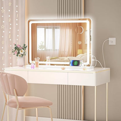 Hasipu Vanity Mirror with Lights, 31.5" x 20" LED Makeup Mirror, Lighted Makeup Mirror with Dimmable 3 Modes, Touch Screen Control Vanity Mirror Round White