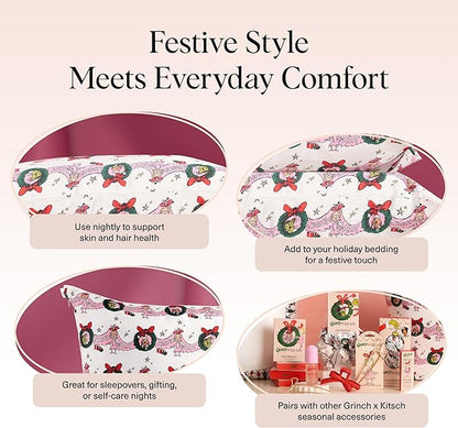 The Grinch x Kitsch Satin Pillowcase with Zipper for Hair & Skin - Softer Than Silk Pillow Cases, Smooth Cooling Pillow Cover, Wrinkle-Free, Machine Washable, King Size (19x36)- Cindy Lou