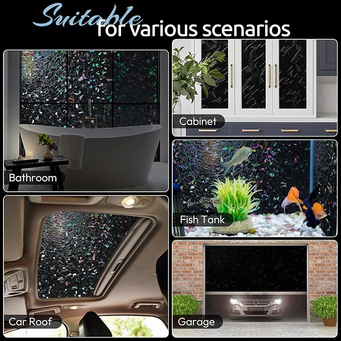 rabbitgoo Window Privacy Film Rainbow Film Decorative Window Sticker, 3D Static Stained Glass Cling Tint for Room Darkening Day Sleep, Black, 35.4 x 157.4 inches