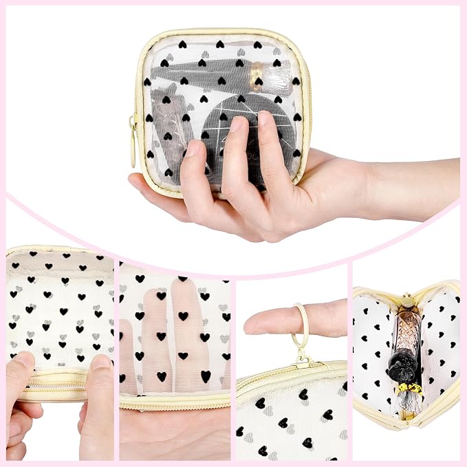 4 Pieces Mini Zipper Nylon Mesh Pouch, Mesh Cosmetic Bags Makeup Bags, Multipurpose Travel Toiletry Bags for Office Supplies and Travel Accessories (Heart Print-Black, S)