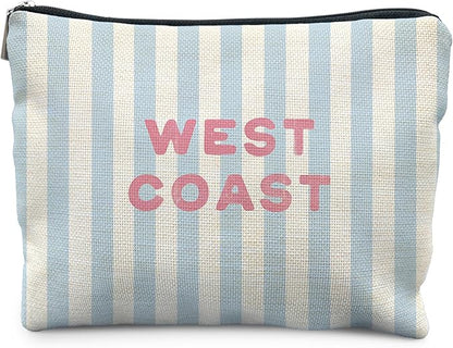 Blue Preppy Beach Makeup Bag, Blue Striped Coastal Cosmetic Bags for Women, Gifts for Beach Ocean Lovers, West Coast Zipper Makeup Pouch