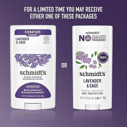 Schmidt's Aluminum-Free Vegan Deodorant Lavender & Sage with 24 Hour Odor Protection, 2 Count for Women and Men, Natural Ingredients, Cruelty-Free, 2.65 oz