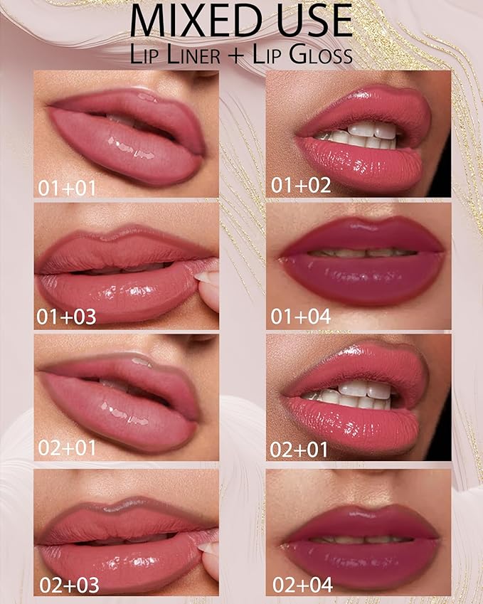 Peel Off Tattoo Lip Liner Stain Lip Gloss Combo Sets, 2 Colors Rose Pink Brown Matte Lip Liner and Nourishing Lip Gloss Tint Stain Kit, Long Lasting Waterproof Non Sticky Liquid Lipstick Makeup-Set 03