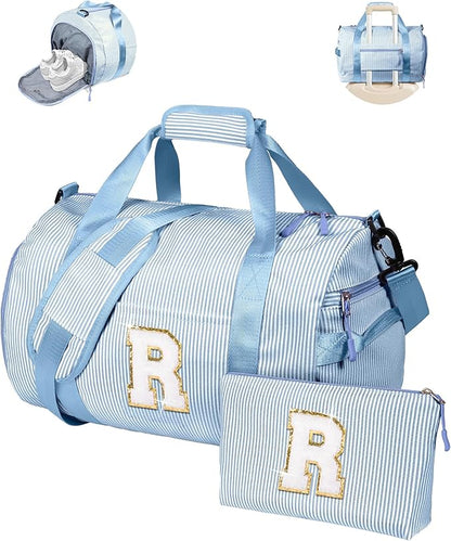 Birthday Gift for Daughter, Girls Travel Duffle Bag, Kids Initial Overnight Bags with Shoe Compartment, Customized Weekender Bag with Makeup Pouch, Trip Essentials (Letter R)