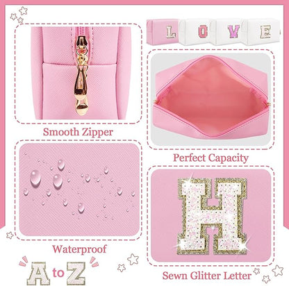 Personalized Initial Makeup Bag, Small Glitter Letter Patch Cosmetic Pouch Zipper, Preppy Makeup Organizer PU Waterproof Travel Toiletry Bag,Monogrammed Birthday Gift for Women Girls(Letter H)