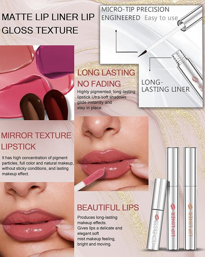 Peel Off Tattoo Lip Liner Stain Lip Gloss Combo Sets, 2 Colors Rose Pink Brown Matte Lip Liner and Nourishing Lip Gloss Tint Stain Kit, Long Lasting Waterproof Non Sticky Liquid Lipstick Makeup-Set 01