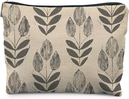 Vintage Boho Beige Floral Makeup Bag, Modern Farmhouse Green Tulip Flower Cosmetic Bags for Women, Contemporary Leaf Botanical Zipper Makeup Pouch