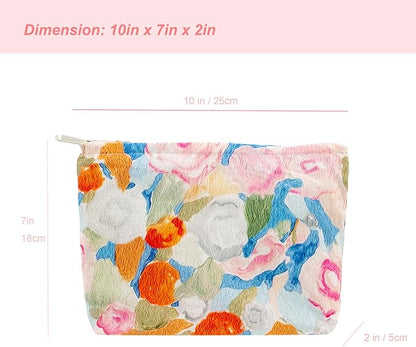 PAZIMIIK Floral Makeup Bag Large Cotton Zipper Pouch for Purse Travel Canvas Make Up Organizer for Women Cosmetic,Garden Orange