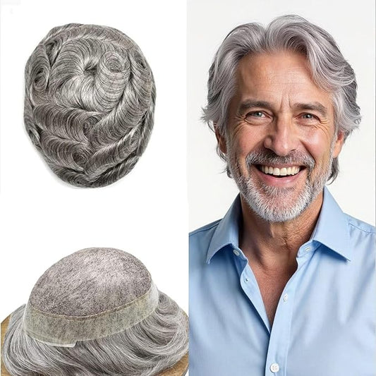 FACE MIRACLE Mens Toupee Lace Front Hairpieces Soft Human Hair Replacement System Natural Hairline Toupee for Men French Lace Poly V-Looped Mens hair Units 7"X9" #1B80 Off Black with 80% Gray