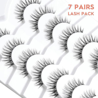 Eyelashes Wispy Natural Lashes 12mm Short Strip Lashes Thinner Band 3D Volume Fake Eyelashes Siligli Eyelashes C Curl False Lashes Pack 7 Pair