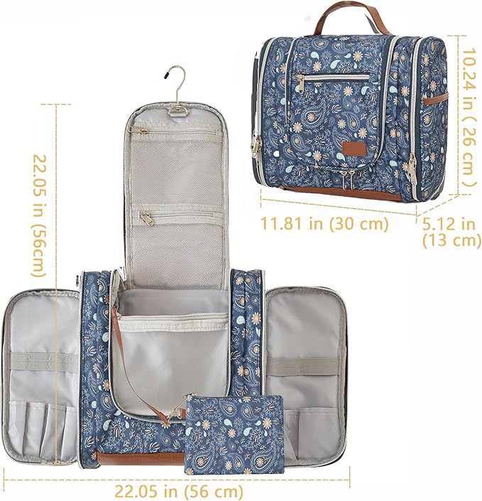 Hanging Toiletry Bag for Women, Travel Makeup with Metal Swivel Hook, Organizer for Full Sized Cosmetics and Toiletries,Water-Resistant Nylon,Paisley Floral