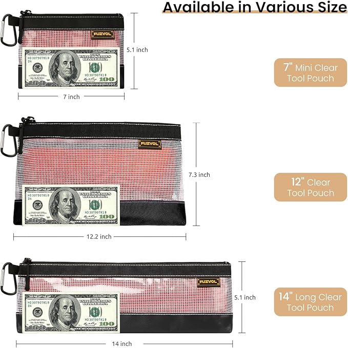 Clear Tool Pouch, Small Tool Bag, 12" Zipper Pouch, Tool Pouch Bag for Tool Box Organizers and Storage, Heavy Duty Small Tool Pouch for Men and Women,3 Pack
