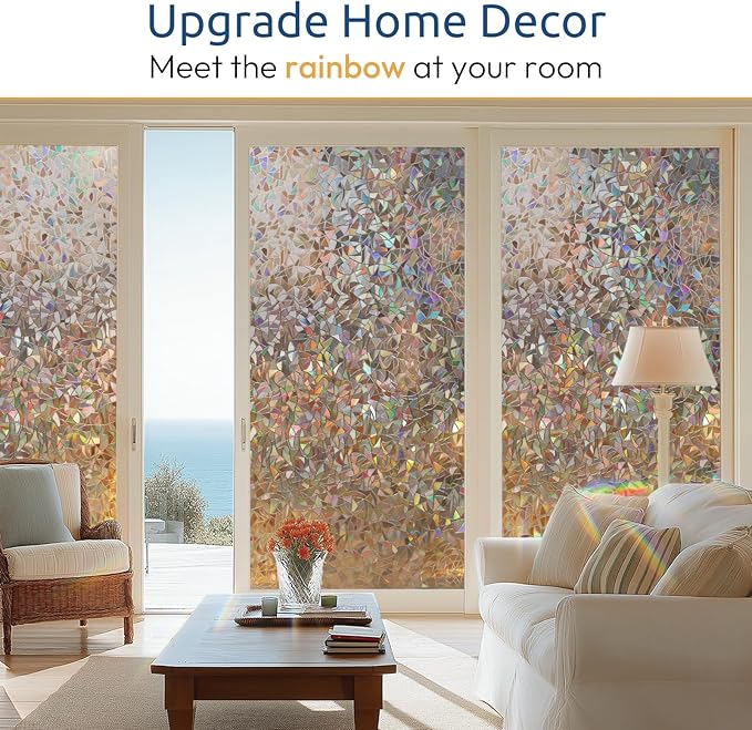rabbitgoo Window Privacy Film Rainbow Film Decorative Window Sticker, 3D Static Stained Glass Cling Tint for Home Heat Control Non-Adhesive, Brown, 35.4 x 118.1 inches