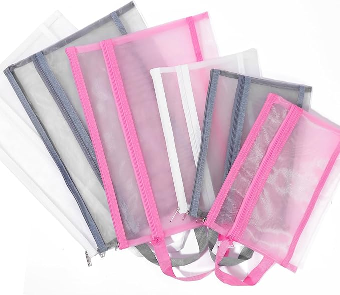 6 Pack Mesh Zipper Pouch Bags, Double Layer Nylon Pouch with Handle for Office Travel Organization (Grey, A5)