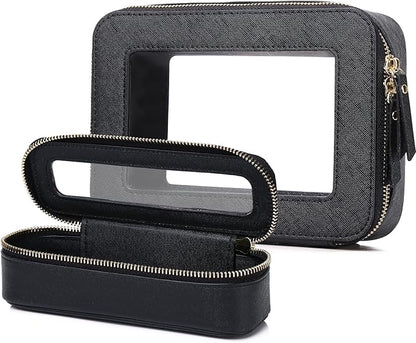 Pinkmik Travel Clear Makeup Bag with Brush Case TSA Approved Toiletry Bag Waterproof Cosmetic Organizer with Zipper Car Essential for Women (Black, M+SLIM)