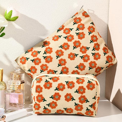 SOIDRAM 2 Pieces Flower Makeup Bag Large Corduroy Cosmetic Bag Capacity Canvas Mix Travel Toiletry Bag Organizer Cute Makeup Brushes Aesthetic Accessories Storage Bag for Women, Flower Mix Orange