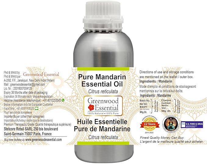 Greenwood Essential Pure Mandarin Essential Oil (Citrus reticulata) Steam Distilled 630ml (21.3 oz)