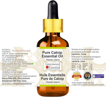 Greenwood Essential Catnip Essential Oil (Nepeta cataria) with Glass Dropper | Pure | Non-Sticky | Non-Greasy | Lightweight | Men & Women | All Skin Types | Steam Distilled 5ml (0.16 oz)