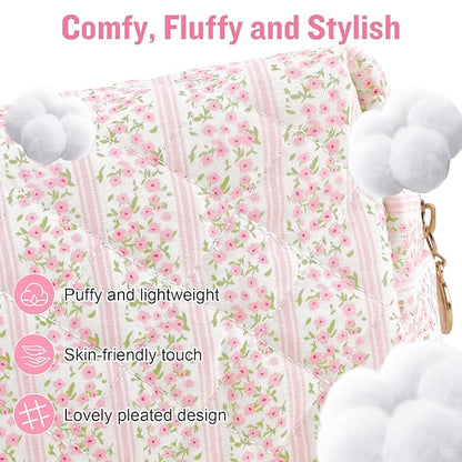 Personalized Quilted Cosmetic Bag, Puffy Monogrammed Christmas Birthday Gifts for Women & Girls, Cute initial Floral Makeup Bag Puffer Coquette Bag, Aesthetic Travel Toiletry Zipper Pouch(Pink,T)