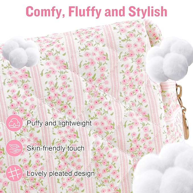 Personalized Quilted Cosmetic Bag, Puffy Monogrammed Christmas Birthday Gifts for Women & Girls, Cute initial Floral Makeup Bag Puffer Coquette Bag, Aesthetic Travel Toiletry Zipper Pouch(Pink,N)