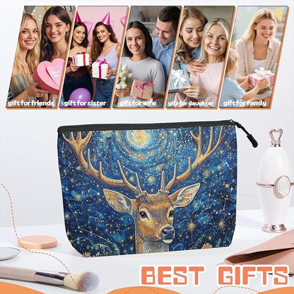 Cosmetic Bags Travel Makeup Toilet Case Waterproof Pouch for Women Girls 6.7X9.45inches - Deer With Large Antlers in A Starry - Floral Scene
